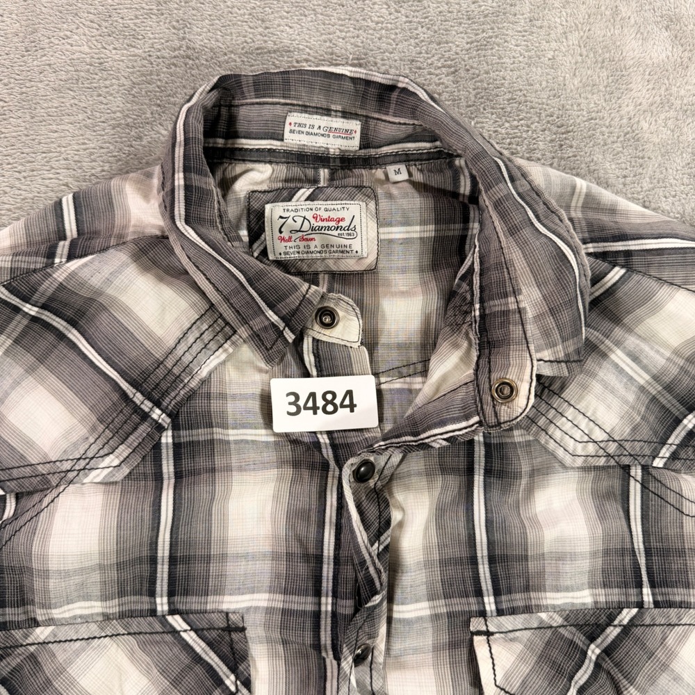 7 Diamonds Button Down Shirt Mens Medium Black Gray Plaid Afterglow Snap Western